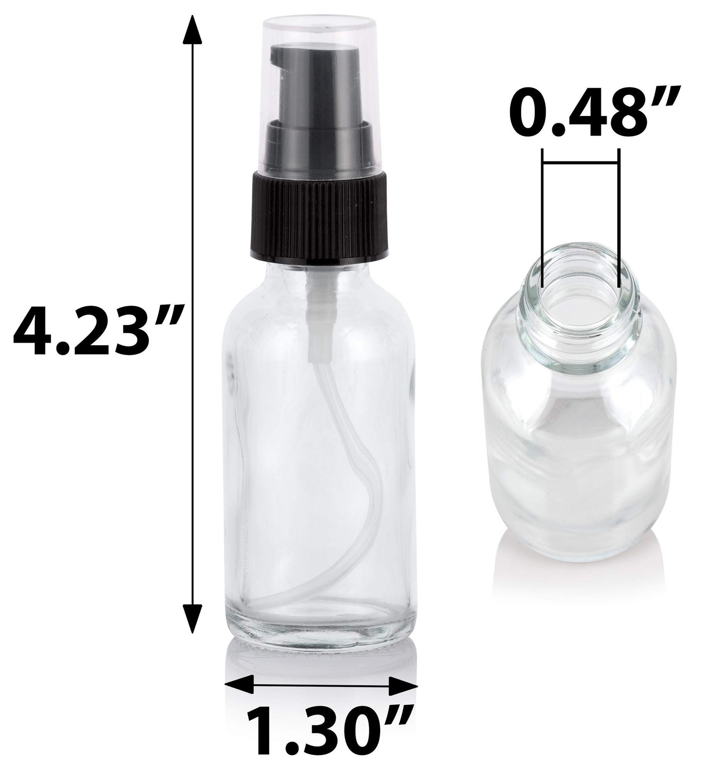 JUVITUS 1 oz / 30 ml Clear Glass Boston Round Bottle with Black Treatment Pump + Funnel (12 Pack)