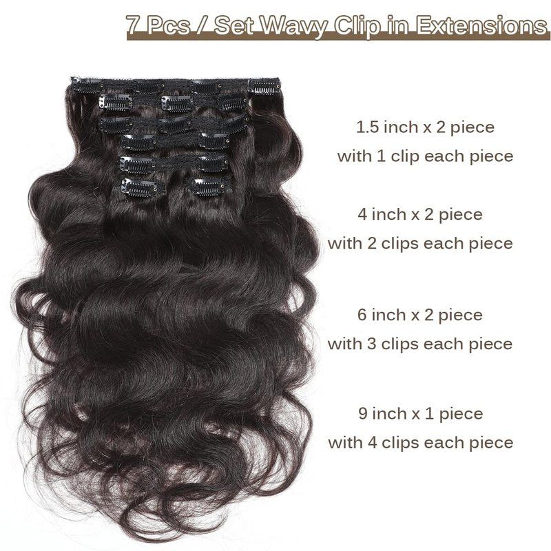Wavy Clip in Hair Extensions Real Human Hair Urbeauty Hair Clip Ins for Black Women Human Hair Seamless Remy Body Wave Black Clip In Hair Extensions 7pcs/Set Triple Weft 12inch