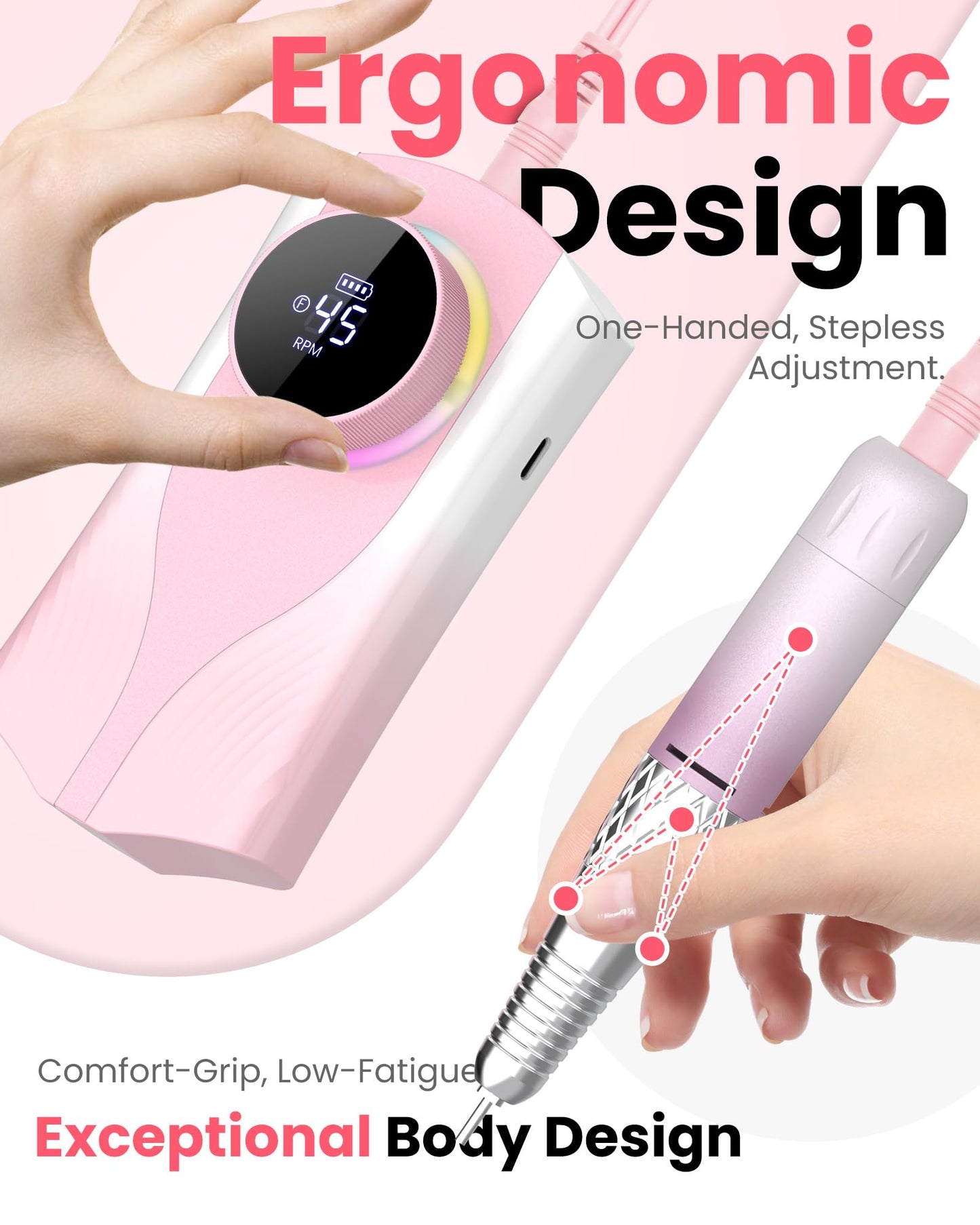 KISUFU Professional Nail Drill for Nail Technicians - 45000RPM Electric Nail File with 1800mAh Battery - Portable E-File with Digital Display and Belt Clip - Gradient Pink Manicure Set with 6 Bits.