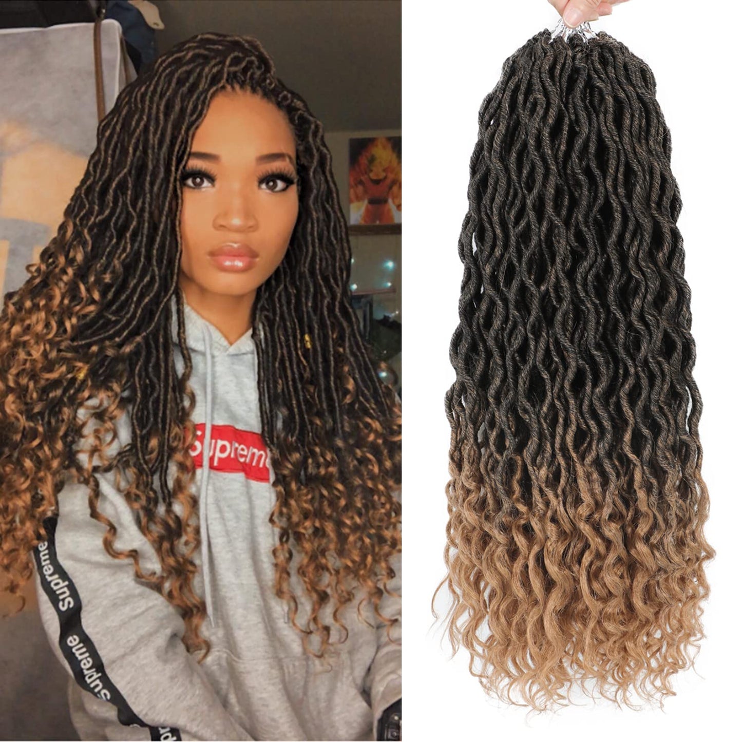 Goddess Locs Crochet Hair - 8 Packs 20 Inch Curly Faux Locs for Black Women, Crochet Pre-Looped Curly Hair Soft Faux Locs Synthetic Braiding Hair Extensions (20 Inch, 8 Packs, T27#)