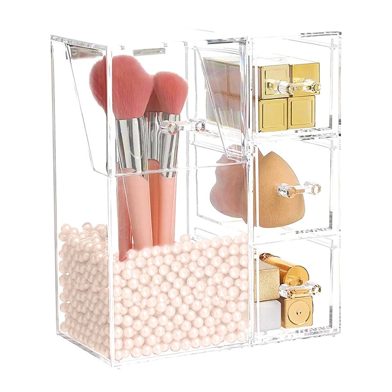 ShellKingdom Makeup Brush Holder,Clear Cosmetic Brushes Organizer With Drawer for Storage Brushes with Lid and Pearl for Dressing Tables and Vanity