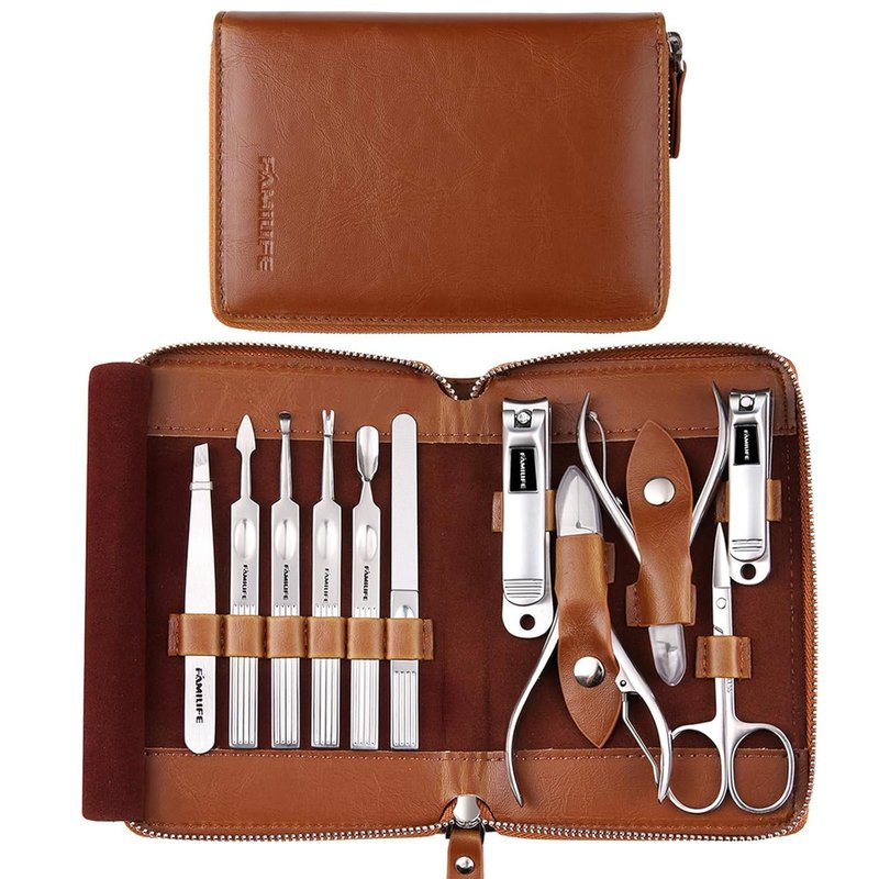 Professional Manicure Set - 11-Piece Stainless Steel Nail Clippers & Pedicure Tools | Portable Brown Leather Travel Case for Men