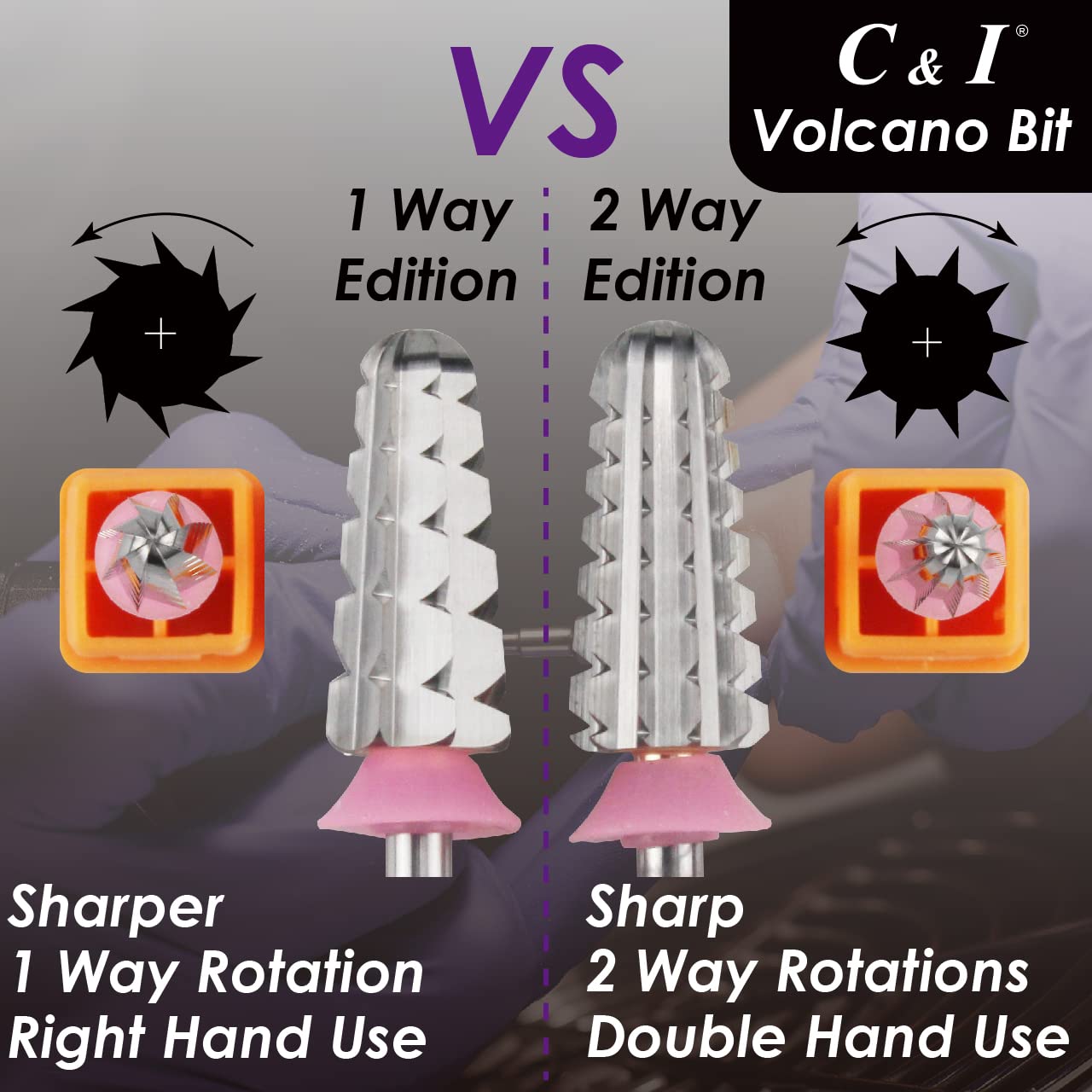 C & I Nail Drill, Volcano Bit, 2 Way Edition Efile for Nail Techs to Remove Nail Gels Acrylic Nails and Dipping, Double Hand Use Drill Bit for Electric Manicure Drill Machine (Fine -F)