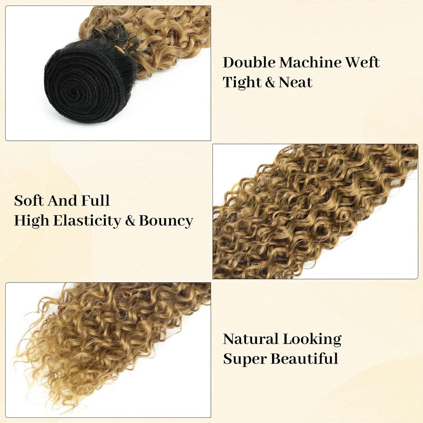 T1B/27 Jerry Curly Human Hair Bundles 8 10 12 Inch Honey Blonde Ombre Brazilian Virgin Remy Hair Extensions 12A Tight Curly Soft Bouncy Full Wet and Wavy Quick Sew In 3 Bundles for Black Women