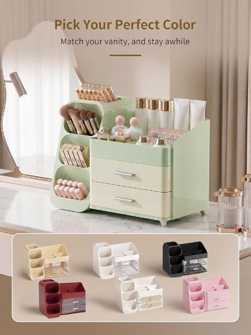Makeup Organizer - Large Capacity Vanity Storage Case with Drawers | Cream Green Cosmetic Display for Skincare & Beauty Tools