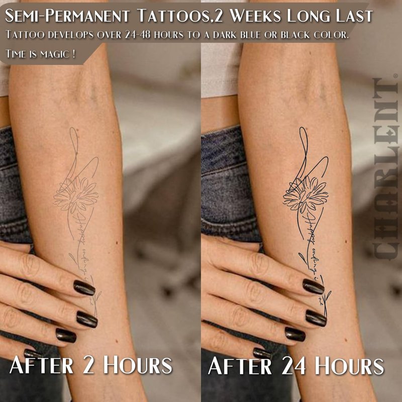CHARLENT Semi-Permanent Tattoos for Adult - 2 Weeks Long Last Small Flower Words Tattoos for Women Men Hand Neck Body/Fades Naturally/No Reflection/Waterproof/Realistic, Minimal Line Art
