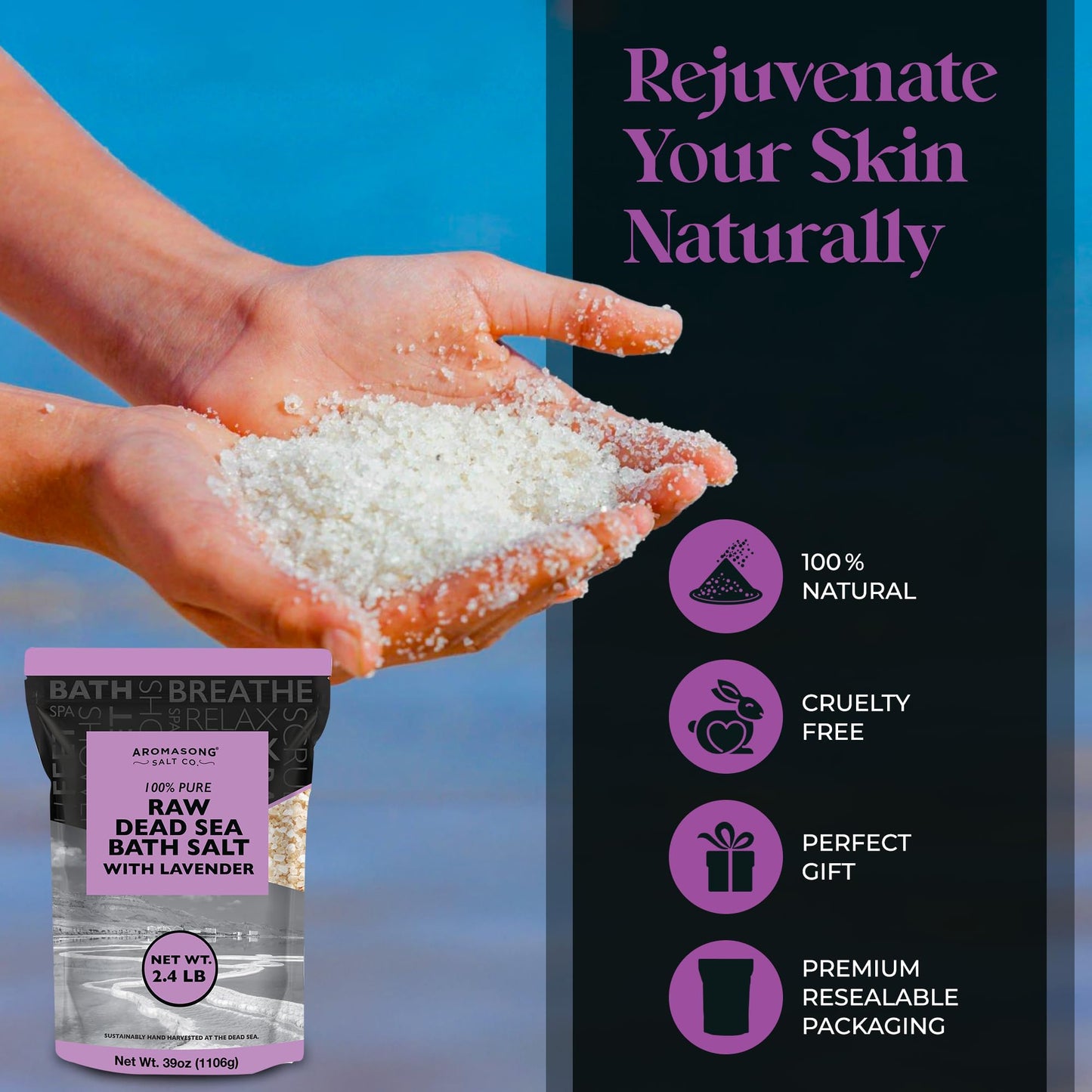 Aromasong Pure Raw Dead Sea Salt for Soaking with 100% Natural Lavender, 5 LB - Spa Bath Salt Fine Grain - Body Wash Scrub - Soak for Women & Men- Bulk Resealable Pack