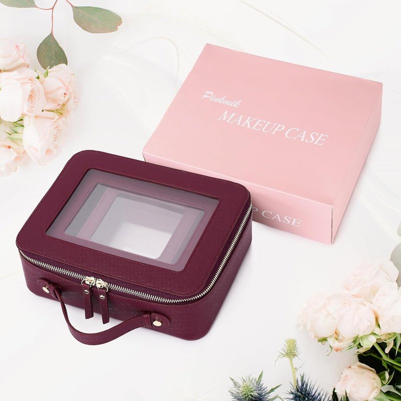 Clear Makeup Bag - Waterproof Travel Case for Cosmetics & Toiletries | Women's Organizer in Pink & Burgundy (L, M, Mini)