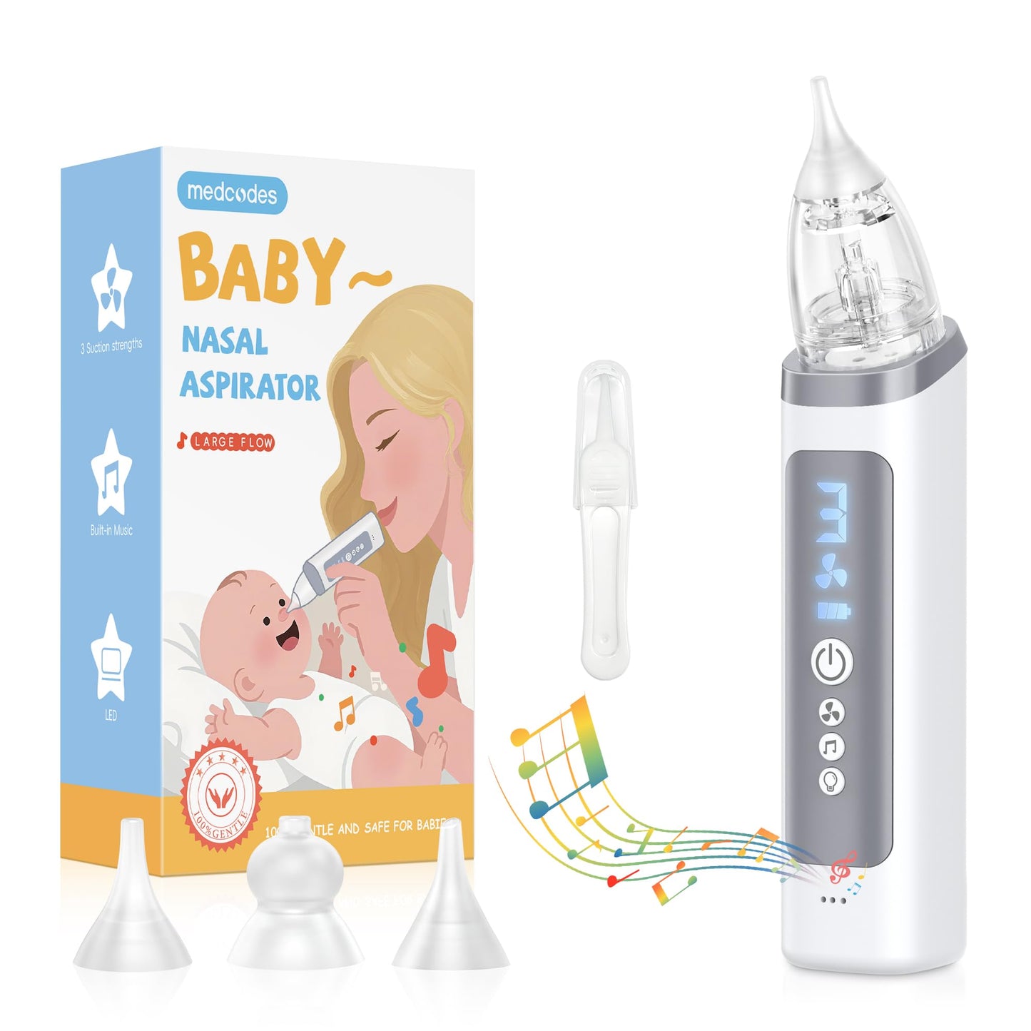 Medcodes Nasal Aspirator for Baby, Electric Nose Sucker for Baby & Toddler, Congestion Relief with 3 Levels Suction,Soothing Light & Nursery Rhymes (Large A)