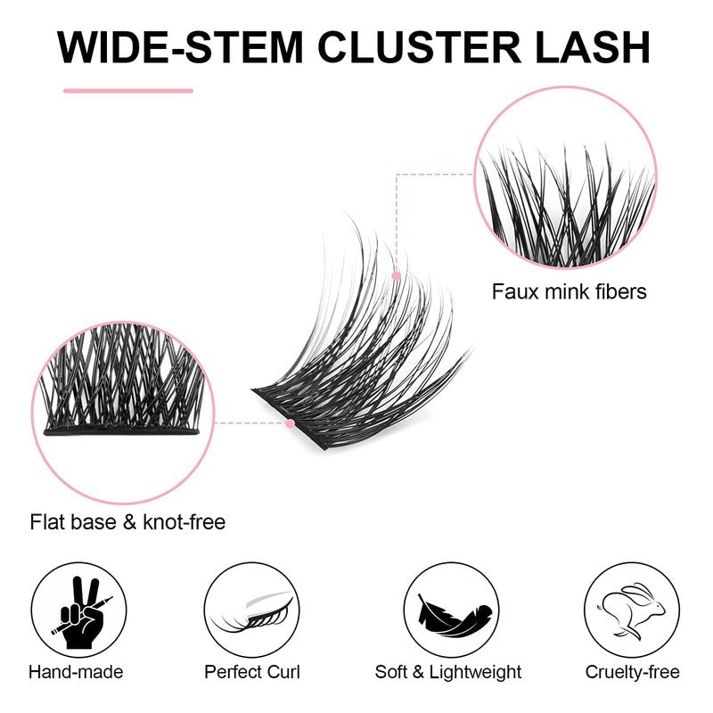 KISSXIAOYA Cluster Lashes Extensions, 144Pcs Individual Cluster Lashes D Curl 14mm, Wide Stem Cluster Eyelashes Soft Natural False Eyelashes Cluster DIY Eyelash Extension At Home (144pcs, 14mm)