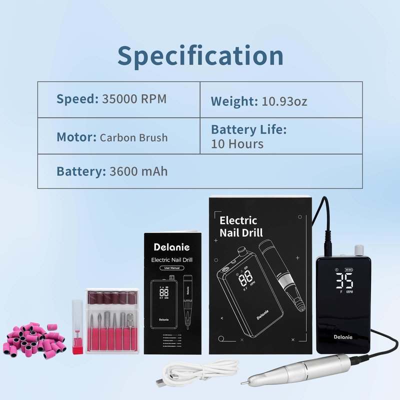 Delanie Electric Nail Drill 35000 RPM, Professional Portable Rechargeable Cordless E File for Acrylic Gel Removal, for Manicure Salon Home