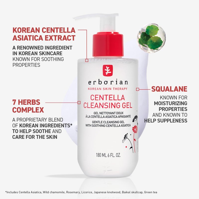 Erborian Centella Cleansing Gel Soothing Face Wash, Calms, Clears Pores, Removes Impurities, Balances & Hydrates Skin, Non‑Stripping, Korean Skincare