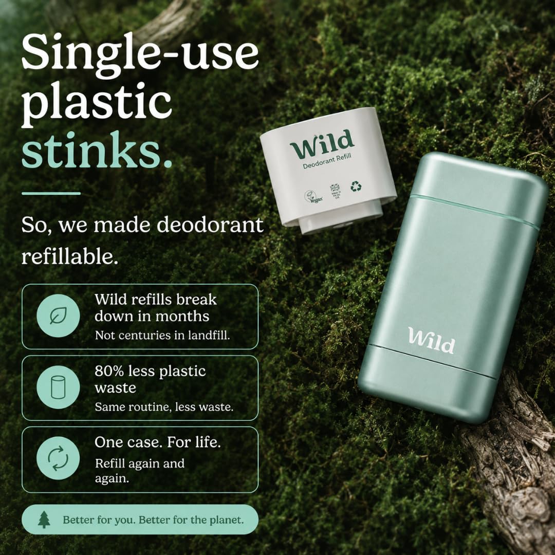 Wild Aluminum Free Natural Deodorant Starter Kit - Refillable Aqua Case - Natural Ingredients & 24 Hour Odor Protection - Women & Men's - Pink Grapefruit & Lime Scent - Case + 1 Refill