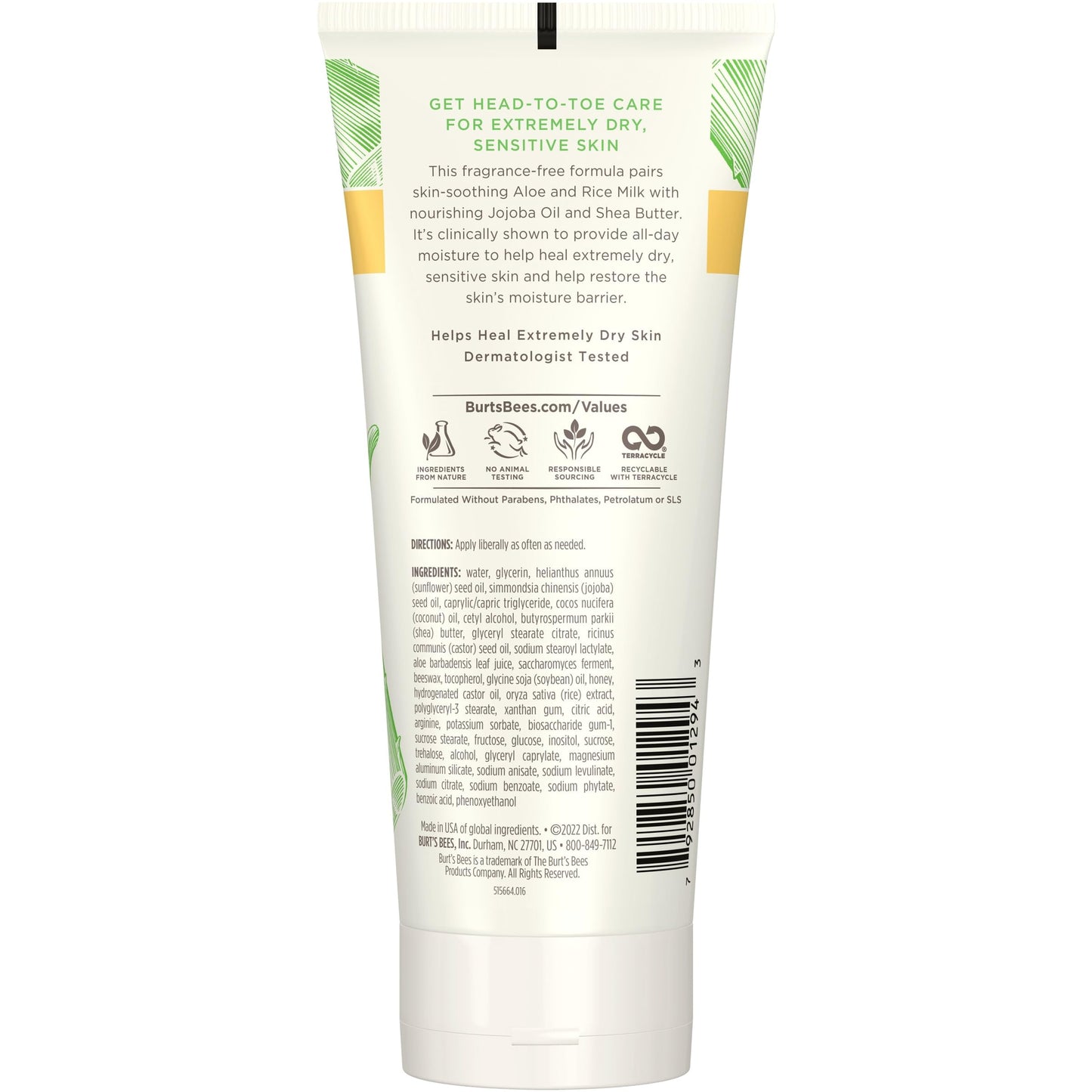 Burt's Bees Ultimate Care Healing Body Lotion with Aloe and Rice Milk for Sensitive Skin, 98.8% Natural Origin, 6 Ounces