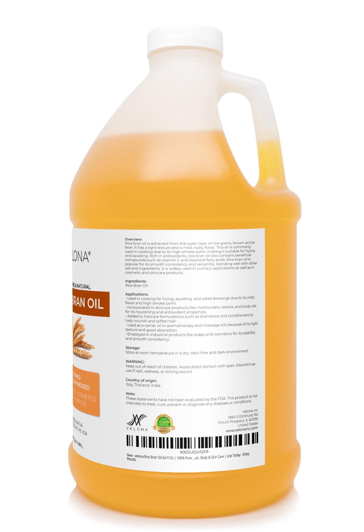 velona Rice Bran Oil 64 Fl Oz | 100% Pure and Natural Carrier Oil | Refined, Cold Pressed | Cooking, Face, Hair, Body & Skin Care | Use Today - Enjoy Results
