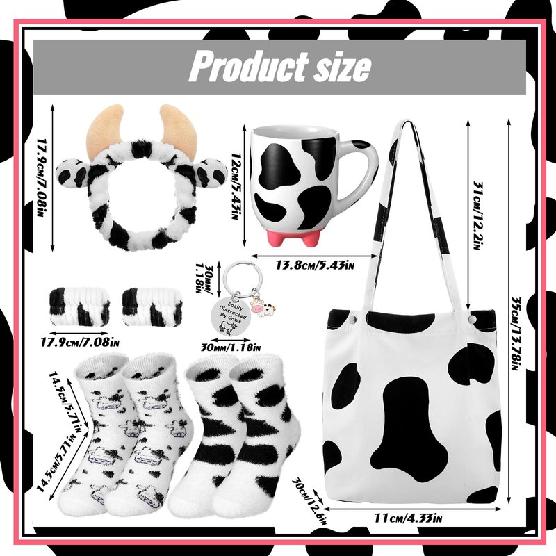 Fourluoo 7 Pcs Cow Gift Set for Women Cute Print Gift Stuff Accessories Including Canvas Bag Socks Mug Keychain Pendant Face Washing Headband Wristband for Cow Lover Themed Birthday Party