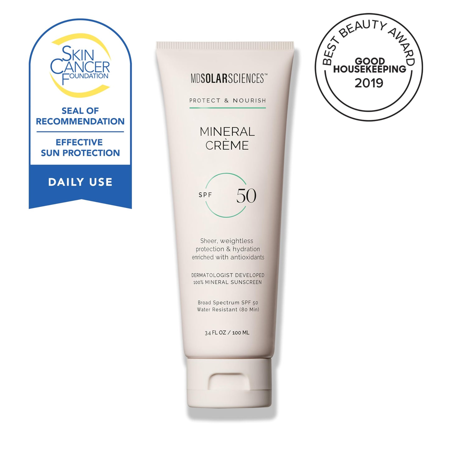MDSolarSciences Mineral Crème Sunscreen SPF 50 | Water-Resistant Broad Spectrum UV Protection | Zinc Oxide Formula with Antioxidants | No White Cast Sheer Matte Finish | 3.4 Fl Oz