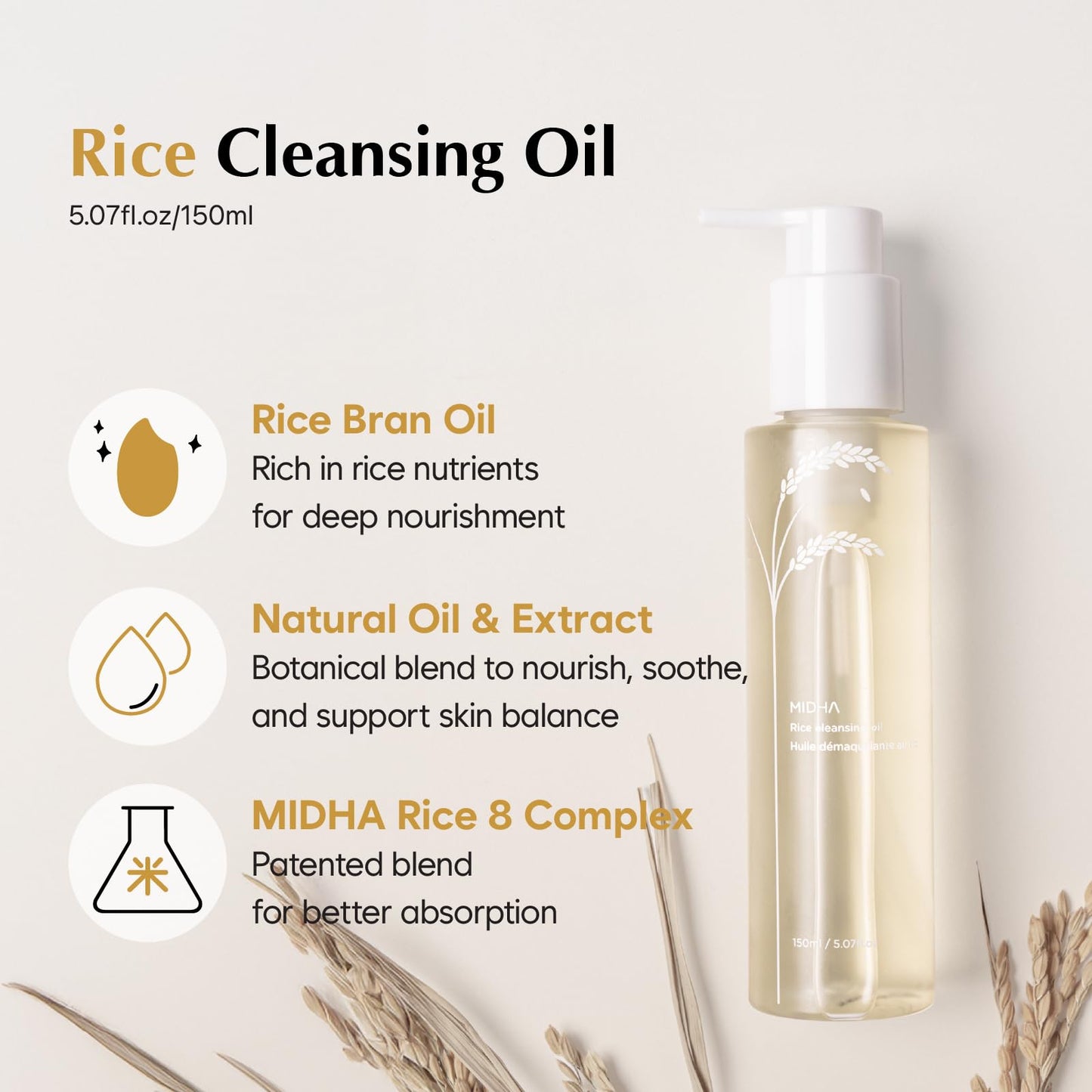 MIDHA RICE CLEANSING OIL 5.07fl.oz/150ml, Gentle Makeup Remover, Hydrating, Lightweight, Plant-Based, Moisturising, First-Step Cleanser, Balanced Skin with Residue-Free, Sebum Care Formula