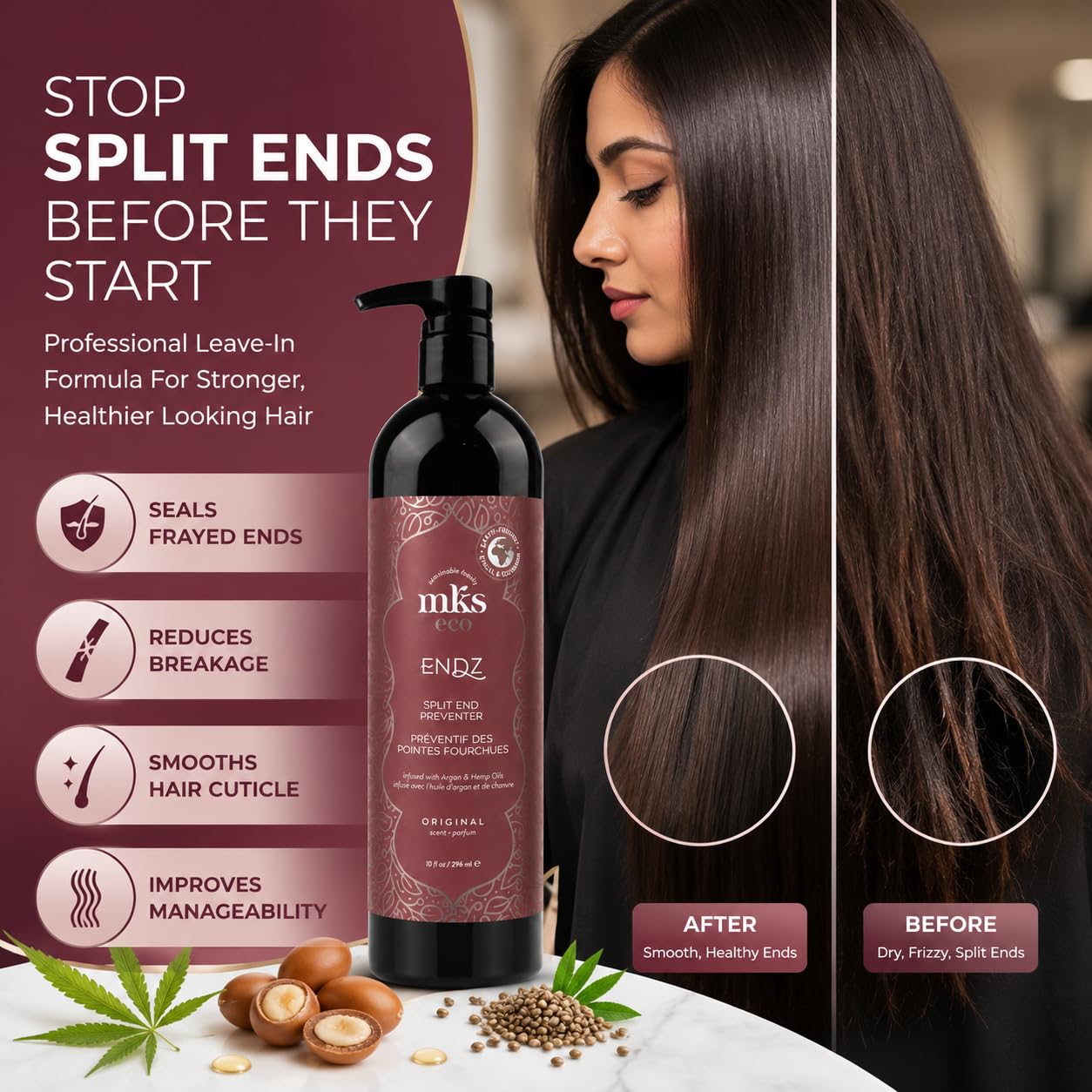 MKS eco Endz, Original Scent - 10 fl oz - Split End Mender & Preventer - Moroccan Argan Oil, Hemp Seed Oil - Vegan & Cruelty Free