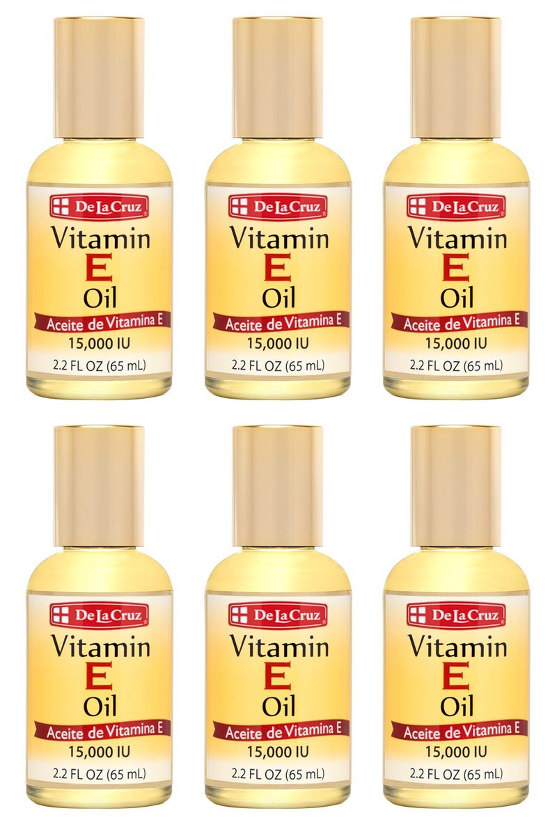 De La Cruz Vitamin E Oil, Vitamin E Oil with Safflower for Skin, Hair, Face and Body, 2.2 FL. OZ. (6 Bottles)