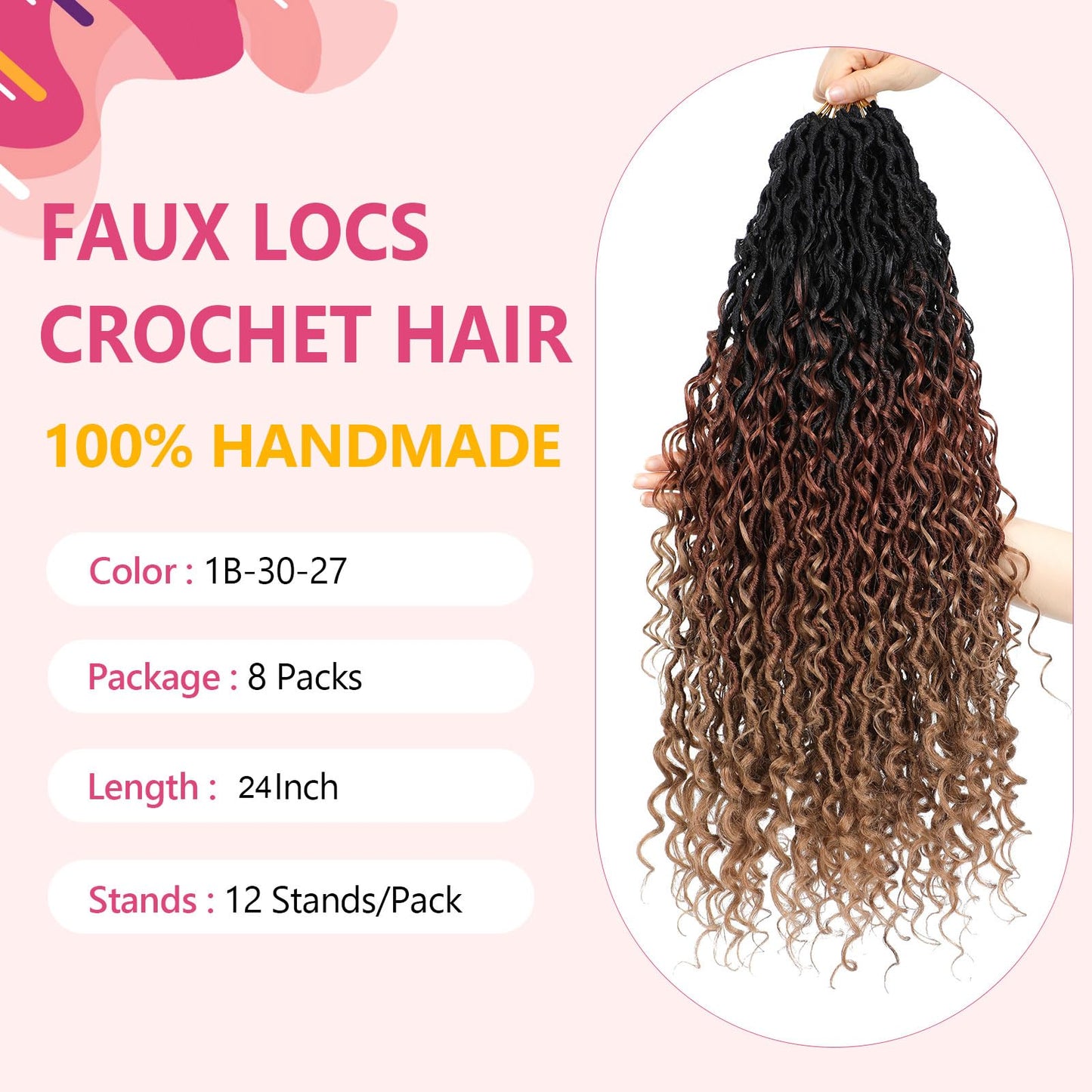 8 Packs Boho Faux Locs Crochet Hair 24 Inch Crochet Soft Locs with Curly Ends Pre-looped Goddess Locs Crochet Hair for Black Women 1B/30/27 Boho River Locs Crochet Hair