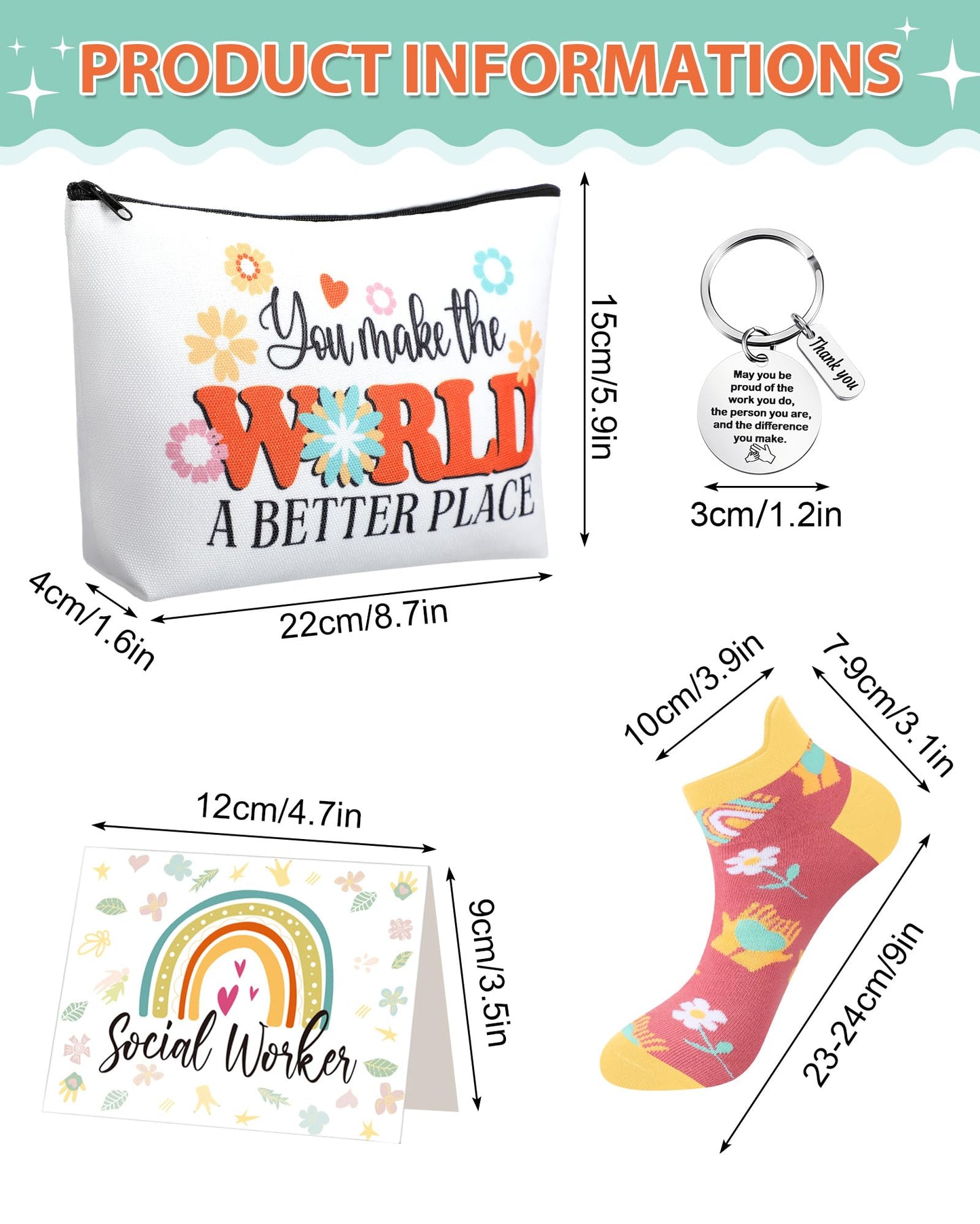 Dansydaisy 48 Pcs Novelty Social Worker Gifts Bulk Include Funny Cotton Ankle Socks Makeup Bag Keychain Greeting Card for Thank You Appreciation Birthday Graduation Gifts Supplies