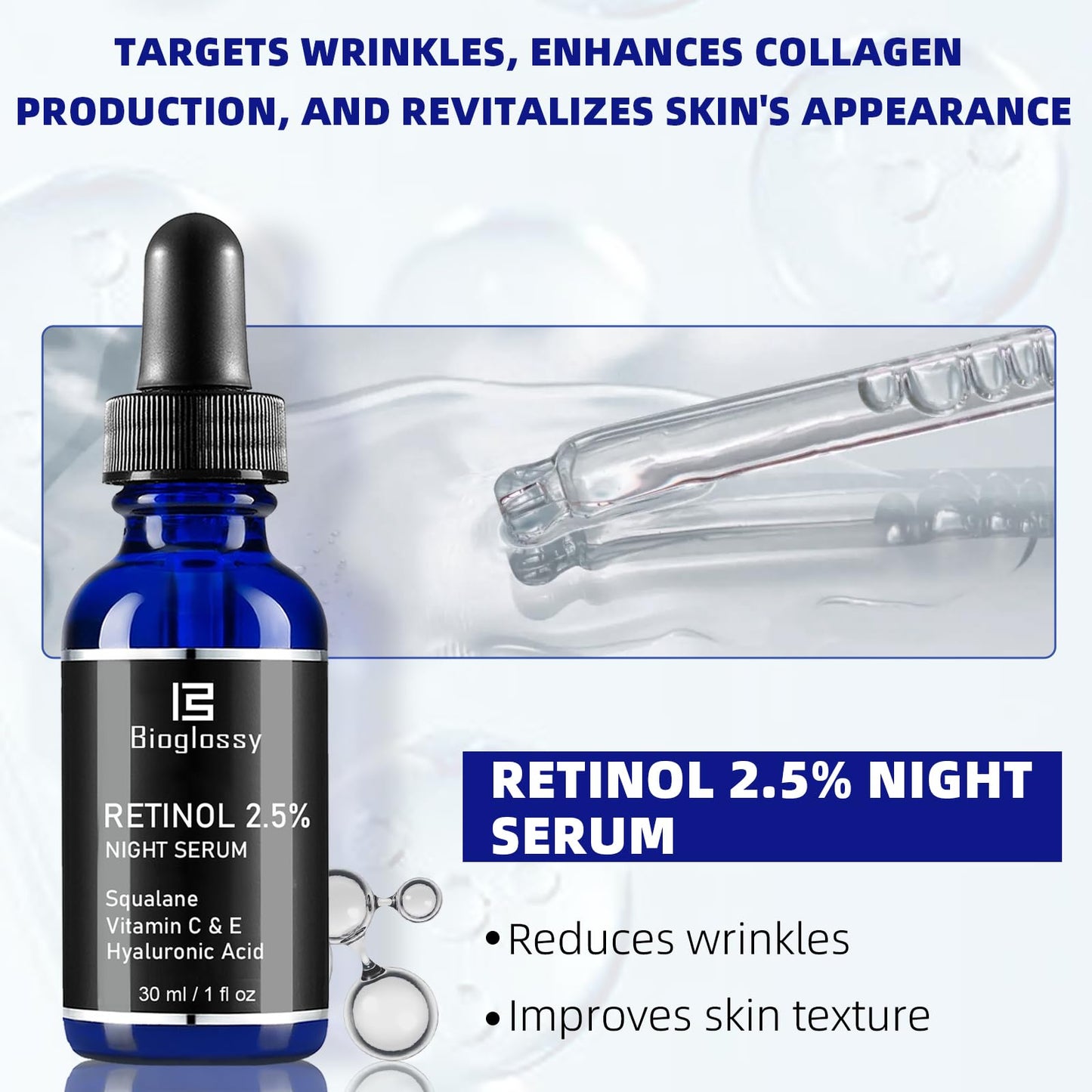 Bioglossy Retinol Serum for Face, 2.5% Retinol Intense Night Serum with Squalane,Vitamin C & E & B3,Hyaluronic Acid for Lines, Wrinkles & Premature Sun Damage to Resurface & Hydrate 30 ml/ 1 Fl oz