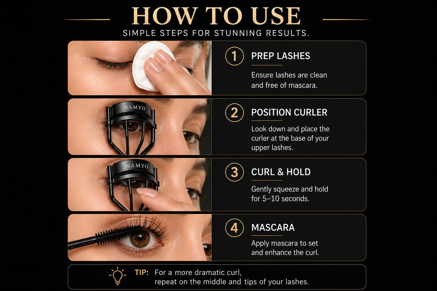 NAMYO Eyelash Curler – Precision Lash Curler for Almond, Hooded and Deep-Set Eyes with Ergonomic Handle and Refill Pad – Compact Travel Size - Grey