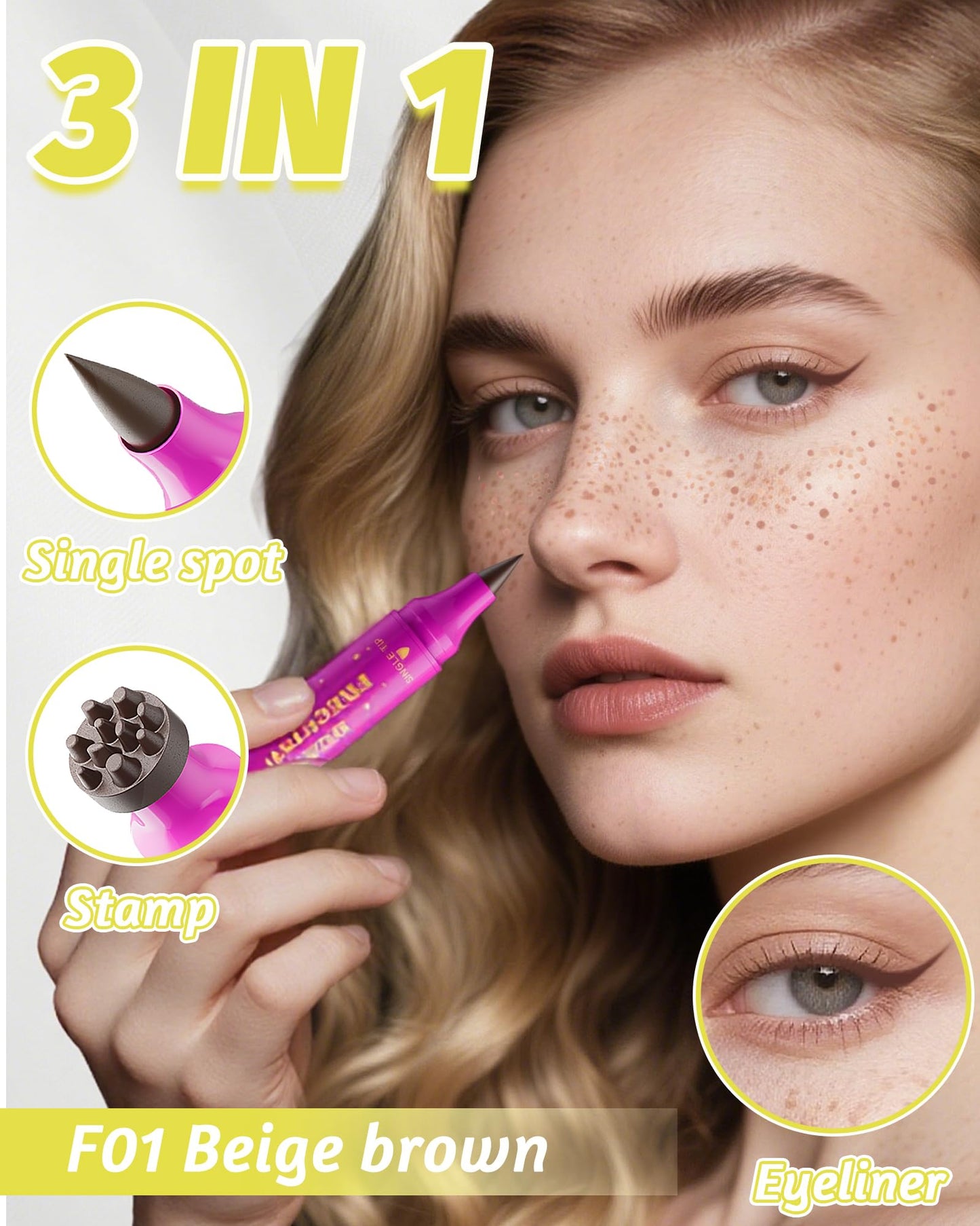 Berinist Upgrade Dual Ended 2-in-1 Faux Freckle Stamp Pen, Waterproof Fake Freckle Pen with Multi-Prong Freckles Stamp Head for Women to Easily Create Natural Long-Lasting Sunkissed Makeup