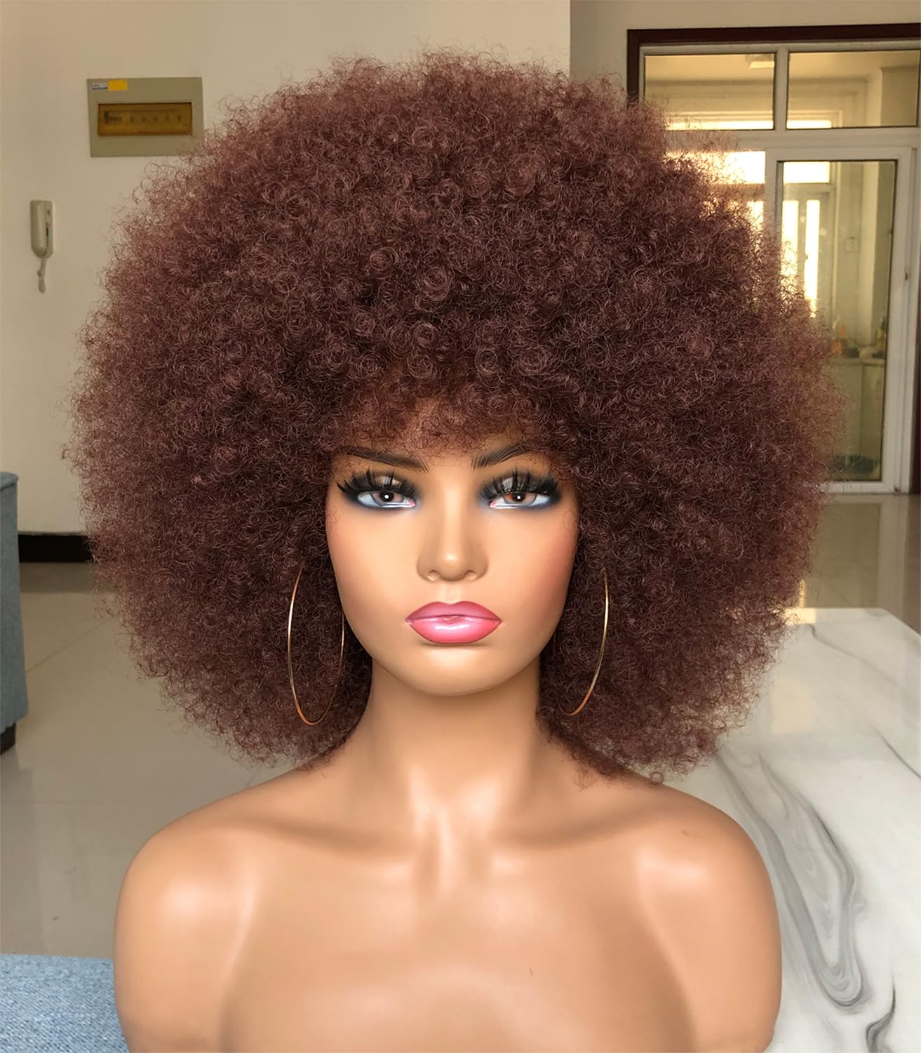 HIHOO Short Afro Wig with Bangs for Black Women Afro Kinky Curly Wig 70s Premium Synthetic Big Afro Wigs(Red Brown)