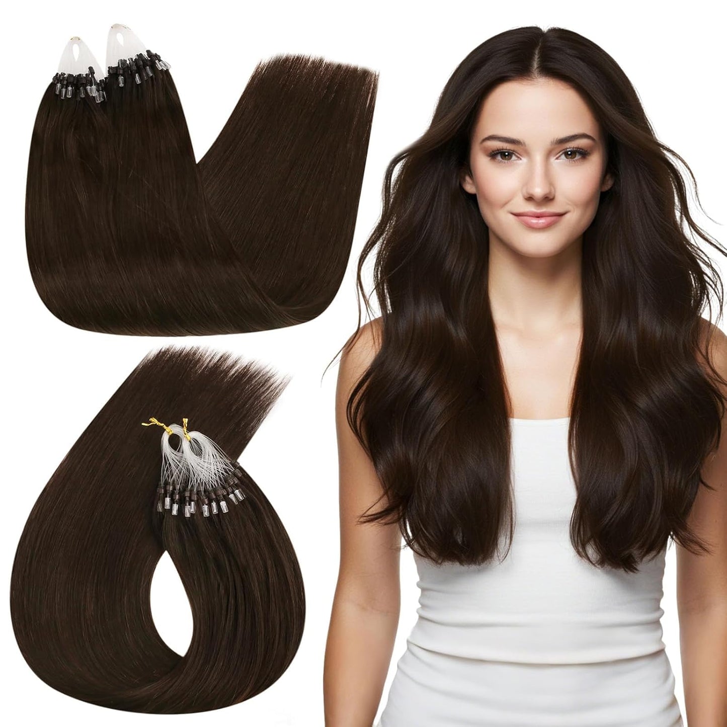 Microlink Hair Extensions - Darkest Brown Human Hair, No Heat No Glue, 16 Inch 50G 50S