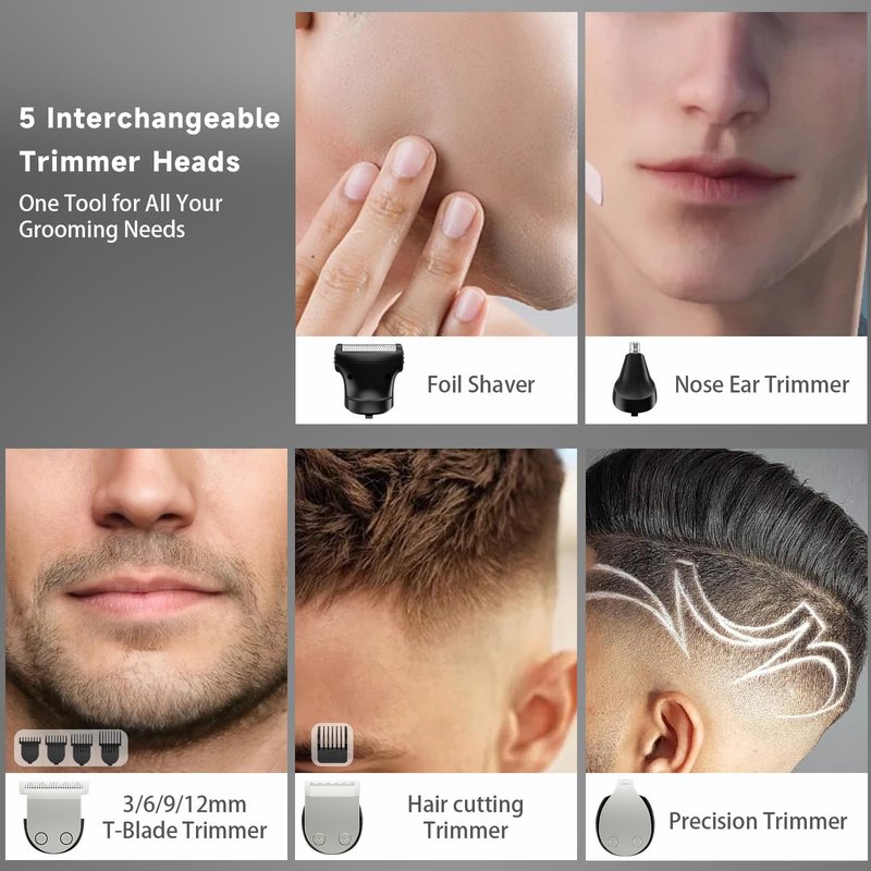 RUIBO Beard Trimmer for Men, 5-in-1 Cordless Hair Clipper Kit with Foil Razor, Waterproof Body, Nose & Ear Groomer, Precision Trimming for Beard, Hair & Body Care (DimGray)
