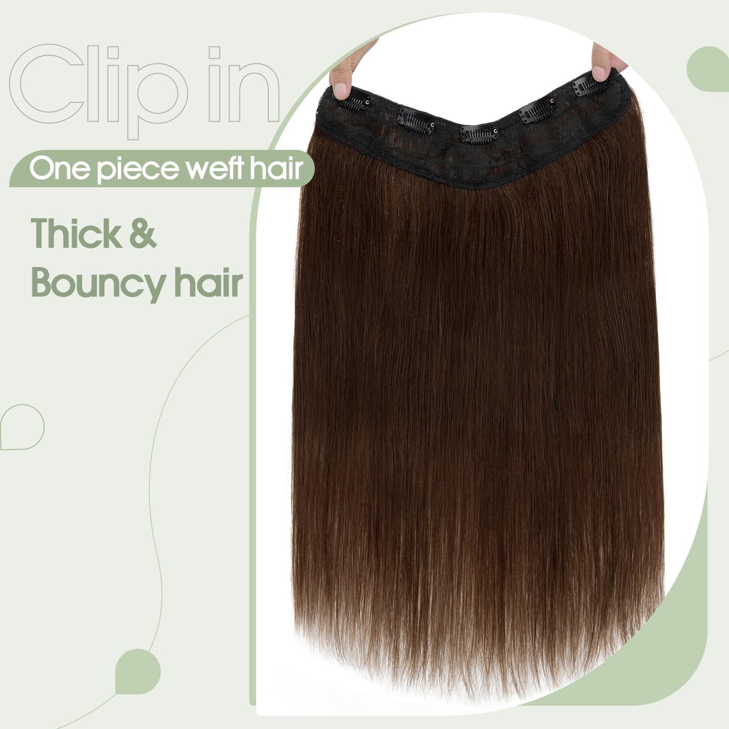 S-noilite One Piece Clip in Hair Extensions - Human Hair, 3/4 Full Head V Part Weft With 5 Clips, Thicker Lace Net (14"-50g, #04 Medium Brown)