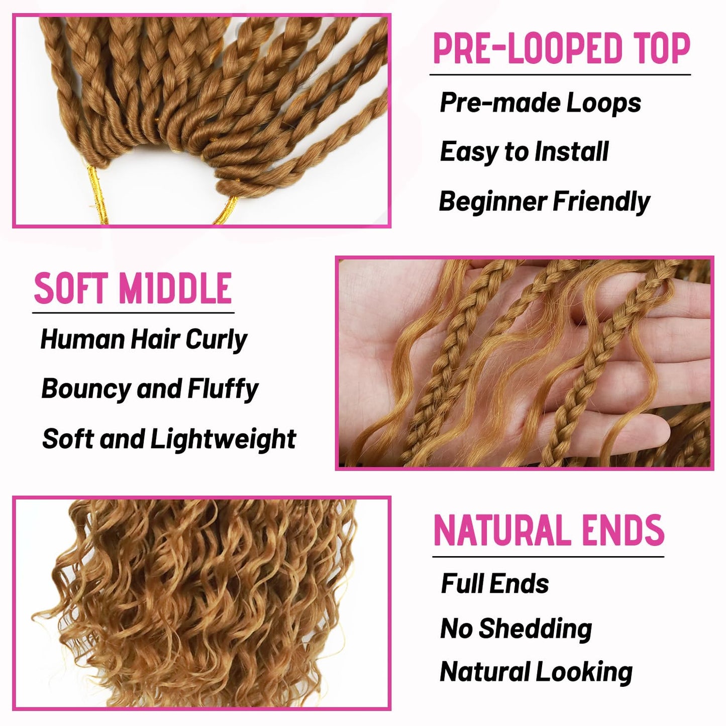 Boho Crochet Braids Human Hair Mixed Synthetic 14Inch 9 Packs Goddess Braids Pre looped Bohemian Braid Crochet Hair for Black Women (14Inch,1B)