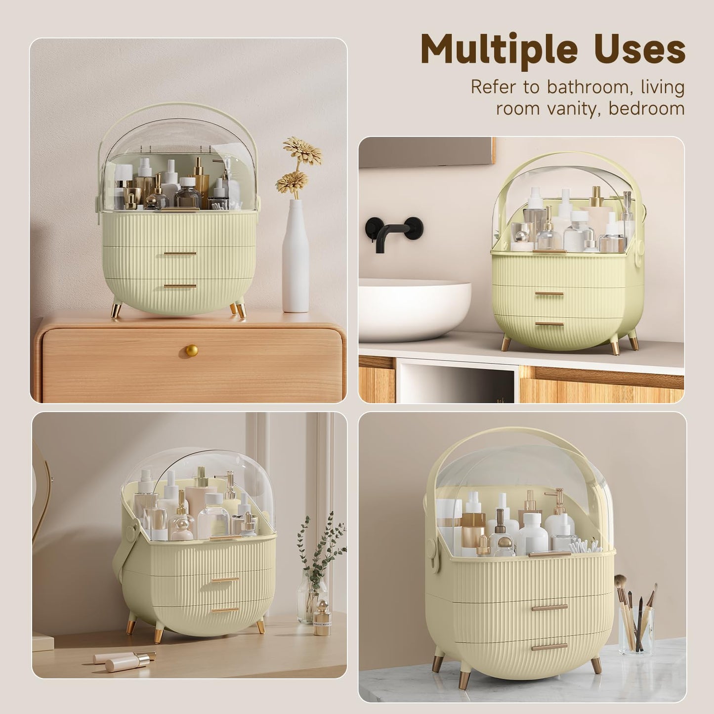 BTGGG Makeup Organizers, Make Up Organizer for Vanity, Countertop Cosmetic Storage with Drawers and Transparent Cover for Bedroom Bathroom, Maize-yellow