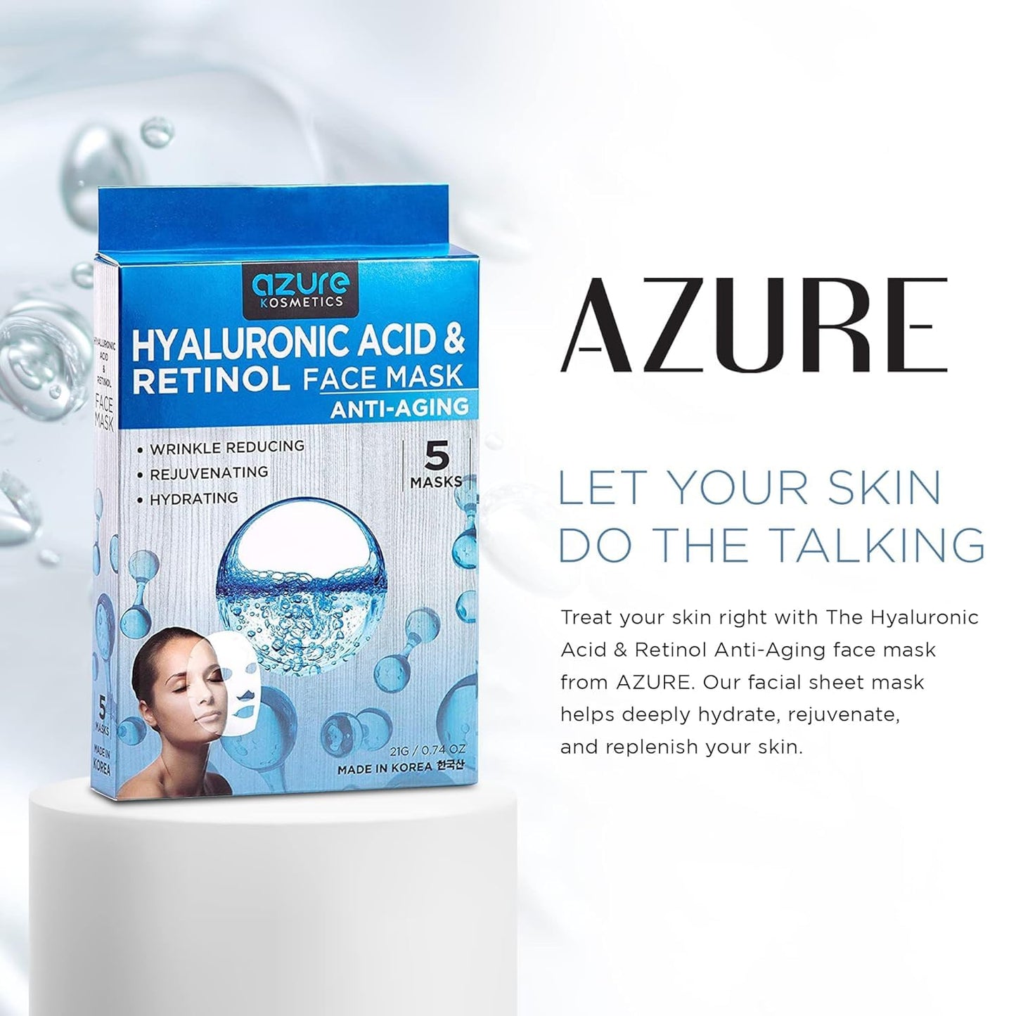 Azure Cosmetics 24K Gold, Caviar, Vitamin C, Hyaluronic Acid, Retinol & Collagen Anti-Aging Face Mask - Ultimate Variety Pack of 20 - Dermatologist Tested - Hydrating & Firming - Korean Skin Care