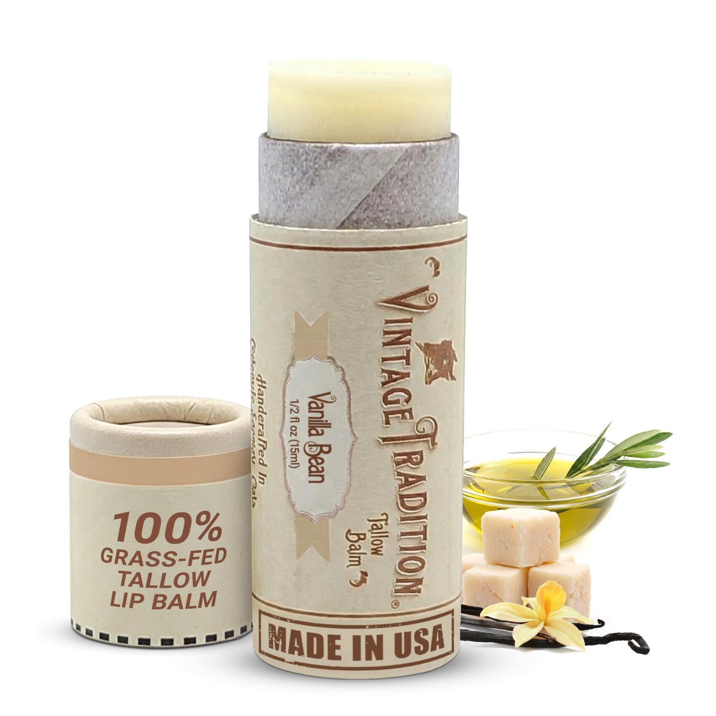 Vintage Tradition Moisturizing Beef Tallow Lip Balm – Tube Lip Moisturizer with Vanilla Extract Hydrates & Soothes Dry Lips – Grass-Fed Tallow Balm for Skin Care, 0.5 Fl. Oz.