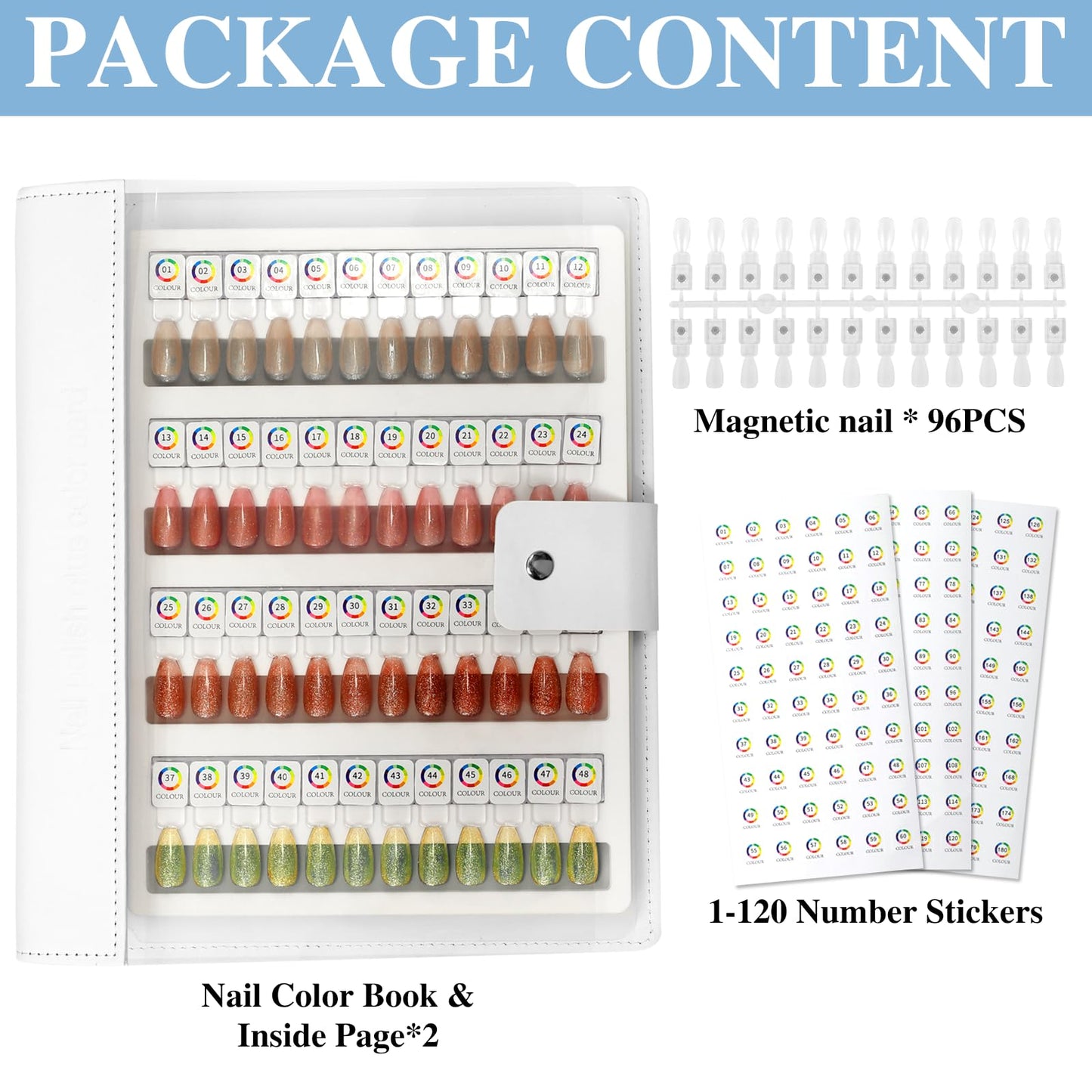 C12rtive 96 Magnetic Nail Swatch Book,Leather Magnetic Color Display Book with 96PCS Magnetic Tips & 1-120 Number Labels,Perfect for Nail Polish Nails Art Design(White)
