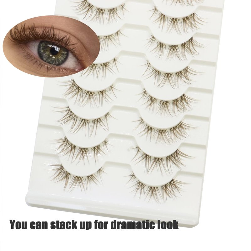 DAODER Brown Mink Lashes Natural Look Clear Band Cat Eye Strip False Eyelashes Brown Wispy Eyelashes 13mm Short Anime Lashes Reusable Light Lash Pack 10 Pairs(Brown Cat Eye)