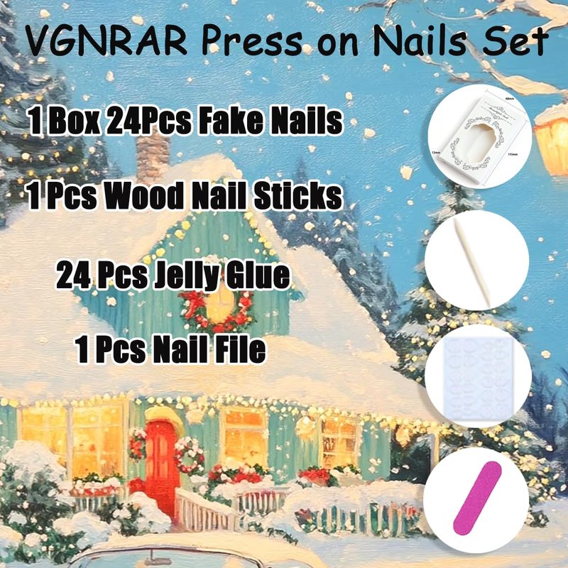30Pcs Christmas Press on Nails Medium Almond Fake Nails with Colorful Rhinestones Light Strip Xmas Tree Cartoon Design Cute Holiday Stick on Nails 3D Handmade Christmas False Nails for Women Grils DIY