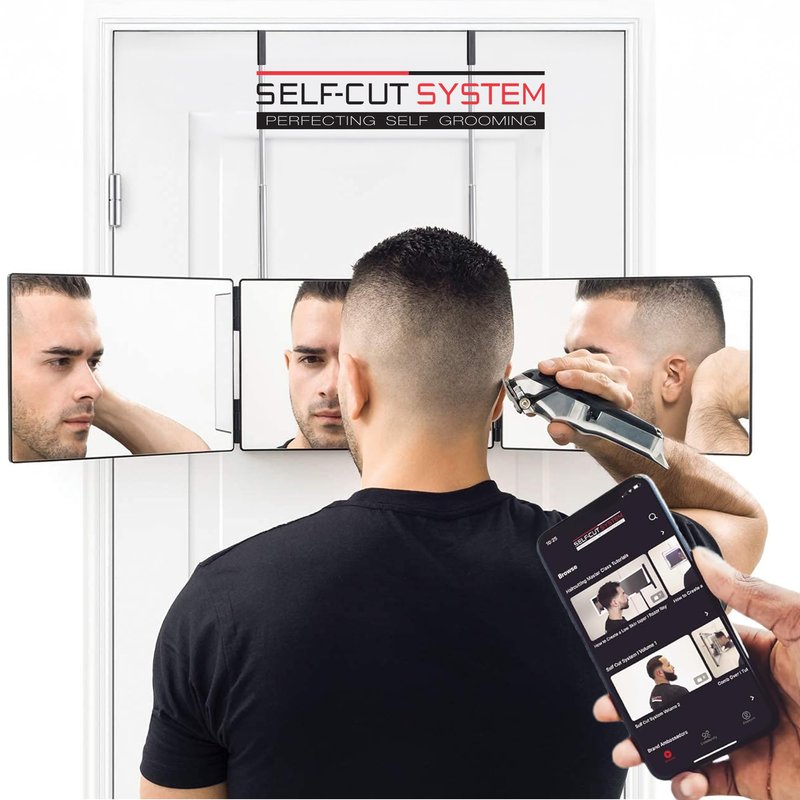 Self-Cut System 3-Way Mirror for Self Hair Cutting - Portable Trifold Mirror with Retractable Hooks, Impact-Resistant Glass, Fold Flat Design, Fits Standard Doors, Men & Women, 12.5" L x 1" W - Black