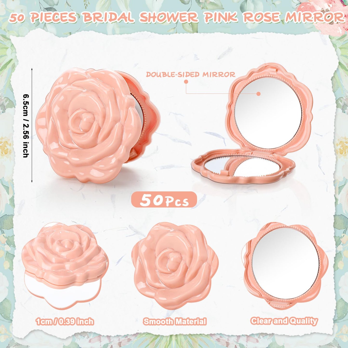 FoldTier 50 Sets Bridal Shower Party Favors for Guests Small Rose Compact Mirror Bulk Wedding Favors Thank You Cards and Organza Bags Wedding Party Guests Souvenir Gift (Pink Champagne)