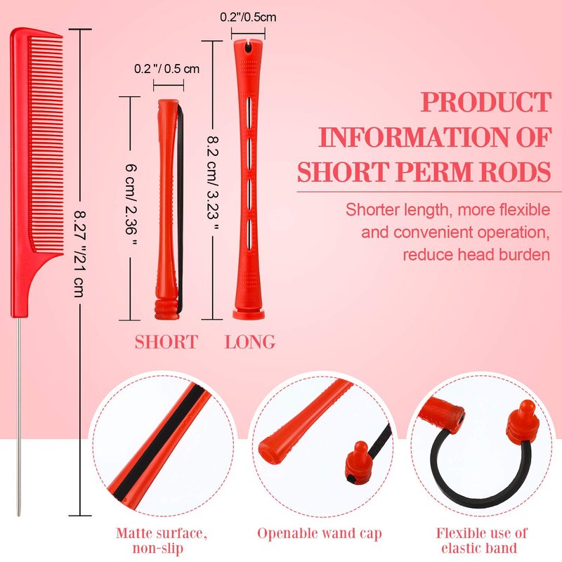 Hair Perm Rods - 48 Pieces Plastic Curling Rollers with Steel Pintail Comb | Short Cold Wave Curlers (0.2 Inch, Red)