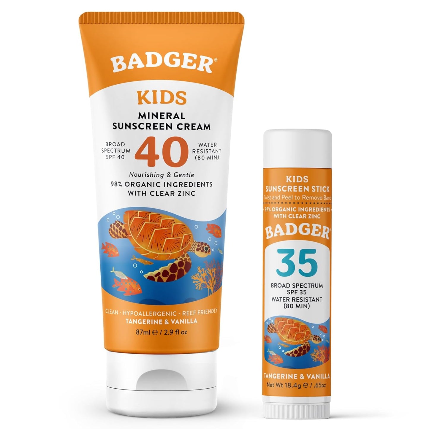 Badger Kids Mineral Sunscreen - SPF 40 Cream & SPF 35 Face Stick | 98% Organic, Water Resistant, Reef Safe, Tangerine & Vanilla Scent