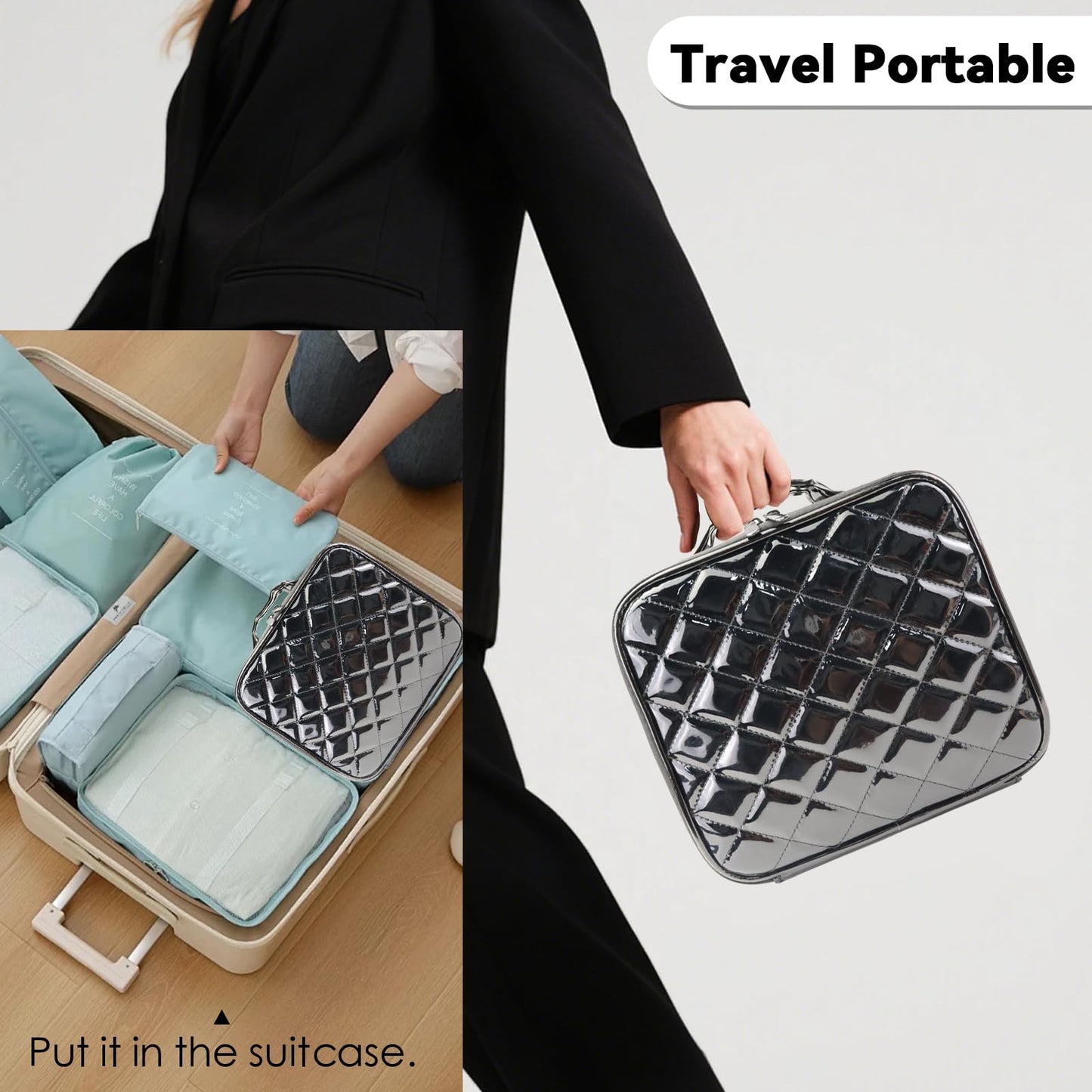 SLUMAZI Travel Makeup Bag Makeup Cosmetic Train Case Organizer Portable Storage Bag with Adjustable Dividers for Cosmetics Makeup Brushes Toiletry Jewelry Black Medium