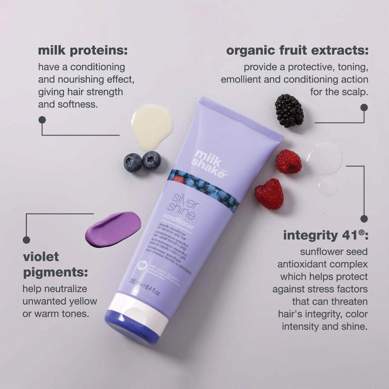 milk_shake silver shine conditioner | toning conditioner for white, grey or blonde hair | softens, hydrates, and refreshes tone with purple pigment andmilk proteins, 8.4 fl oz
