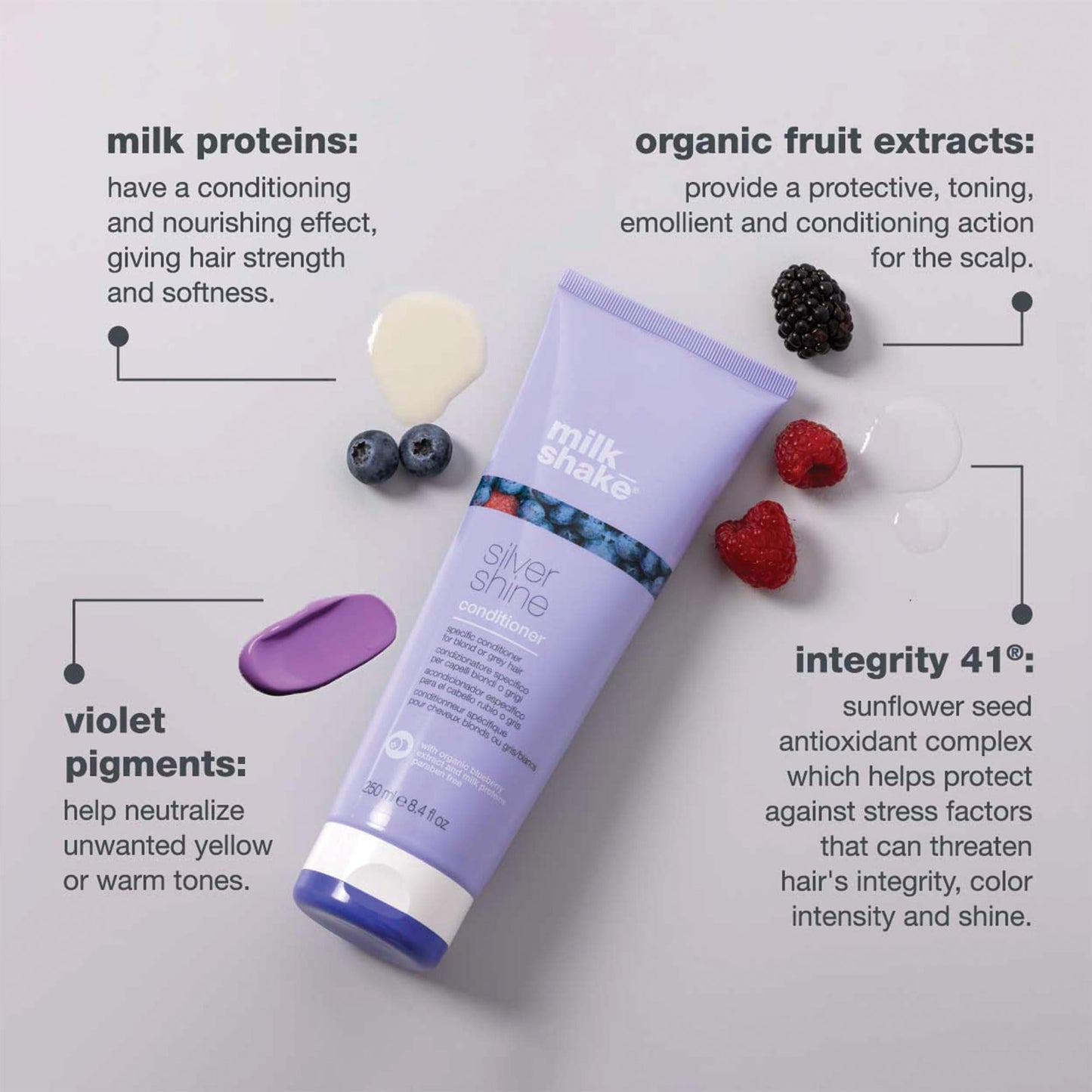 milk_shake silver shine conditioner | toning conditioner for white, grey or blonde hair | softens, hydrates, and refreshes tone with purple pigment andmilk proteins, 8.4 fl oz
