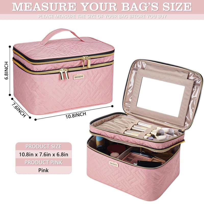 BAFAMYE 8.8L Double Layer Travel Makeup Bag With Mirror For Women, Large Cosmetic Case, Organizer for Travel-Size Accessories Bottles, Brushes,and Skin Care Products, 2.33 GAL, Pink