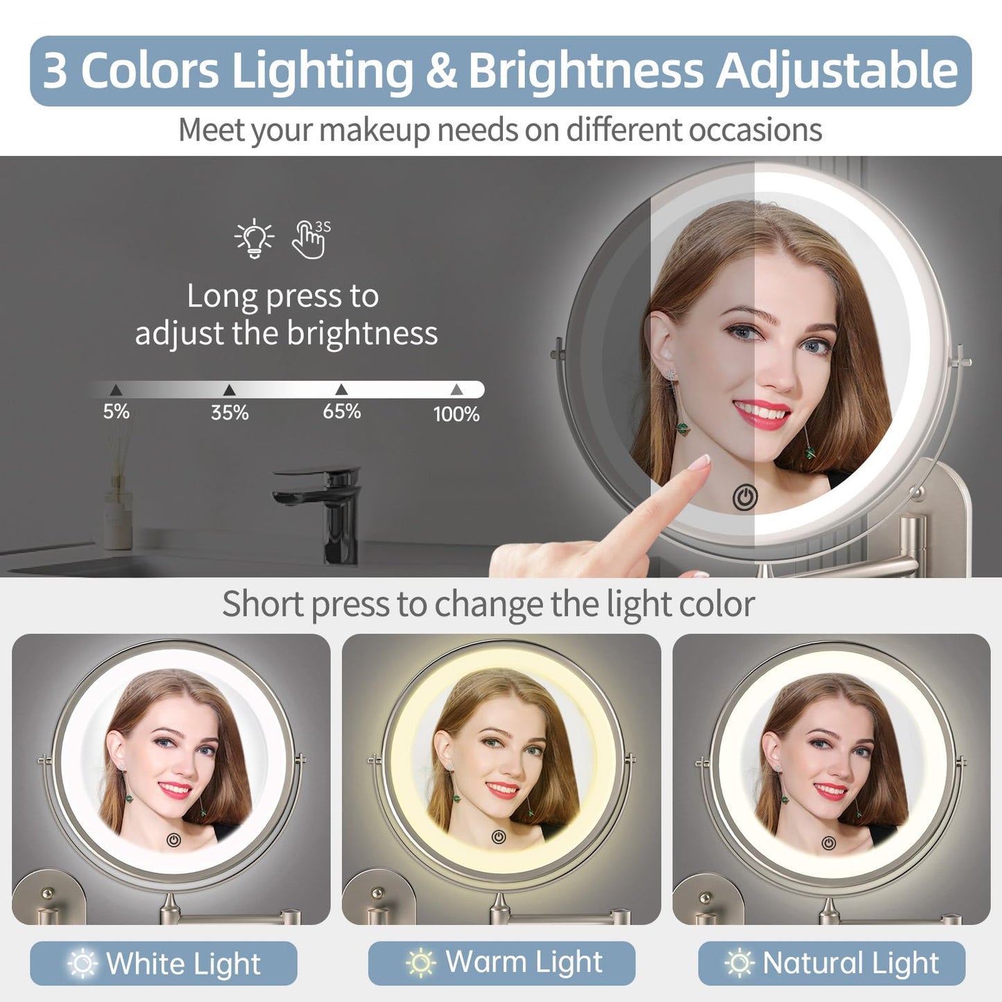 Wall Mounted Makeup Mirror with Lights - 8 Inch Rechargeable Vanity Mirror, 1X/20X Magnifying Dual-Sided, 3 Color Dimmable LED Lights, 4000mAh Battery, Brushed Nickel Finish for Bathroom & Bedroom