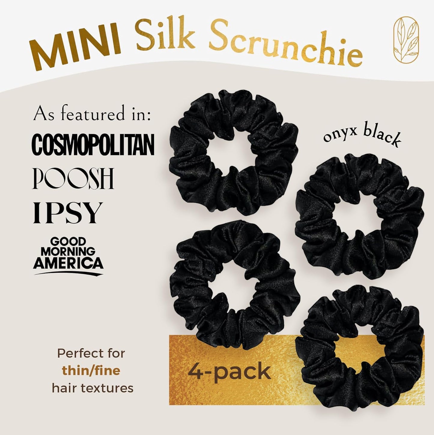 Mini Mulberry Silk Scrunchies for Women & Kids - Anti-Breakage Hair Ties for Fine, Curly & Thin Hair | Onyx Black (4 Pack)